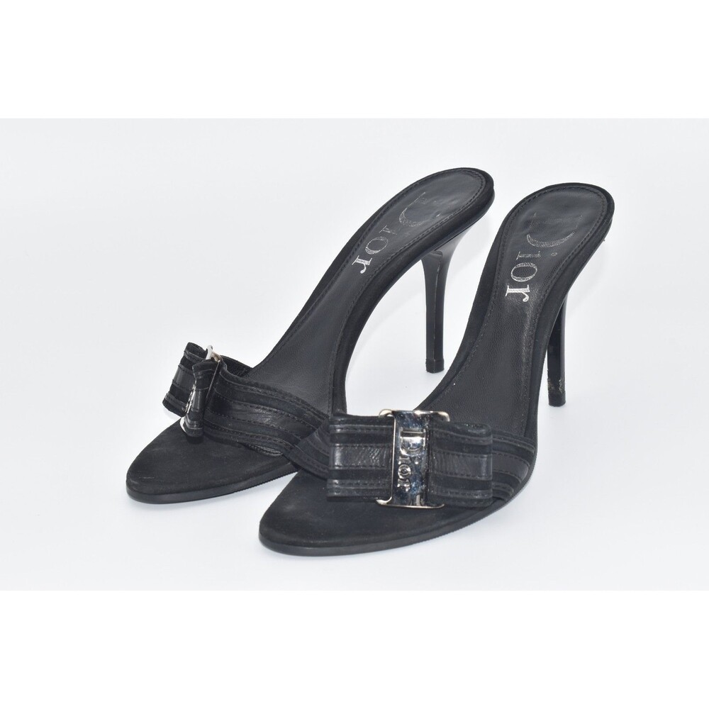 Christian Dior Y2K Black Leather Silver Logo Plaque Kitten Heel Mules Galliano